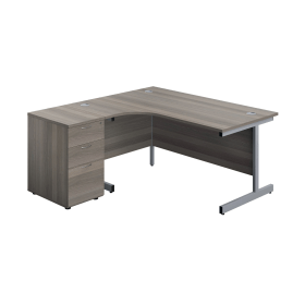 Jemini Radial Left Hand Desk 1600mm x 800 1200mm x 730mm Grey Oak Silver 600mm Desk High Pedestal 808327 F