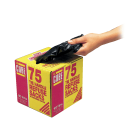 Le Cube Medium Duty Tie Handle Refuse Sacks with Dispenser 100 Litre Black 75 Pack 124194 F