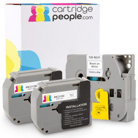 Own Brand Brother P Touch Black on White Label Tapes 12mm x 8m and 12mm x 4m 3 Pack Cartridge People 45869 CP