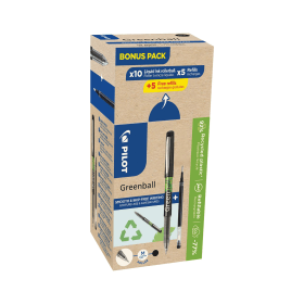 Pilot Greenball Rollerball Bonus Pack Box of 10 Pens 10 Refills 0.35mm Line Black 20 Pack 830950 F