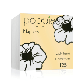 Poppies 2 Ply Tissue Dinner Napkins 4 Fold White 40cm 125 Pack 918110 F