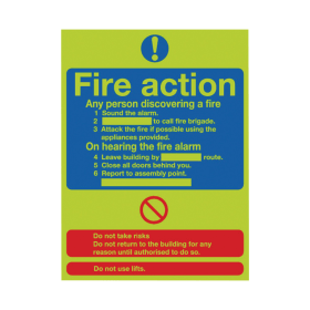 Safety Sign Niteglo Fire Action 300x250mm PVC FR03527M 373311 F