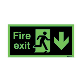Safety Sign Niteglo Fire Exit Running Man Arrow Down Self Adhesive 150mm x 450mm 198361 F