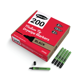 Show me Drywipe Markers Medium Bullet Tip Slim Barrel 2mm Line Black 200 Pack 752592 F