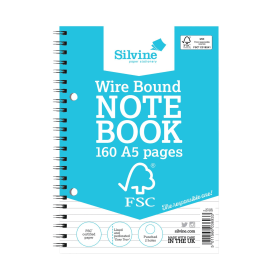 Silvine Envrionmentally Friendly Wirebound Notebook 160 Pages A5 Blue 5 Pack 158205 F