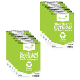 Silvine Everyday Recycled Shorthand Pad Wirebound 70gsm Ruled 160 Pages 127mm x 203mm Green 12 Pack 113743 F