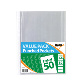 Tiger Punched Pocket A4 Clear 500 Pack 523474 F