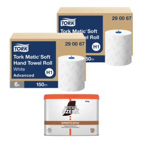 Tork Matic Hand Towel Roll H1 150m 2 Ply White x6 2 Pack FREE Nescafe Azera 500g