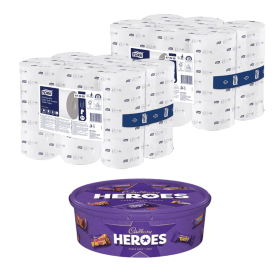 Tork OptiServe Coreless Extra Soft Premium Toilet Roll 3 Ply x18 2 Pack FREE Cadbury Heroes Tub 475g