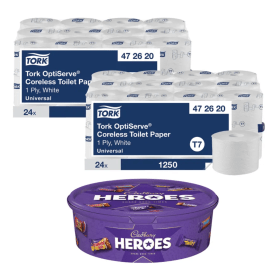 Tork OptiServe Coreless Toilet Roll 1 Ply x24 2 Pack FREE Cadbury Heroes Tub 475g