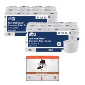 Tork OptiServe Coreless Toilet Roll 1 Ply x24 2 Pack FREE Nescafe Azera 500g
