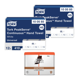 Tork PeakServe Continuous Hand Towels 1 Ply White x12 2 Pack FREE Nescafe Azera 500g