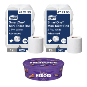 Tork T9 SmartOne Mini Toilet Roll 2 Ply x12 2 Pack FREE Cadbury Heroes Tub 475g