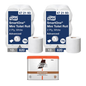 Tork T9 SmartOne Mini Toilet Roll 2 Ply x12 2 Pack FREE Nescafe Azera 500g