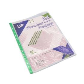 UP Punched Pockets A4 50 Micron Clear Green Strip 100 Pack 912767 F